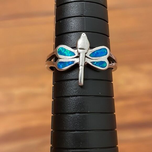 Sterling Silver Dragonfly Blue Inlaid Opal Ring Womens Size 9.75 - Picture 6 of 10